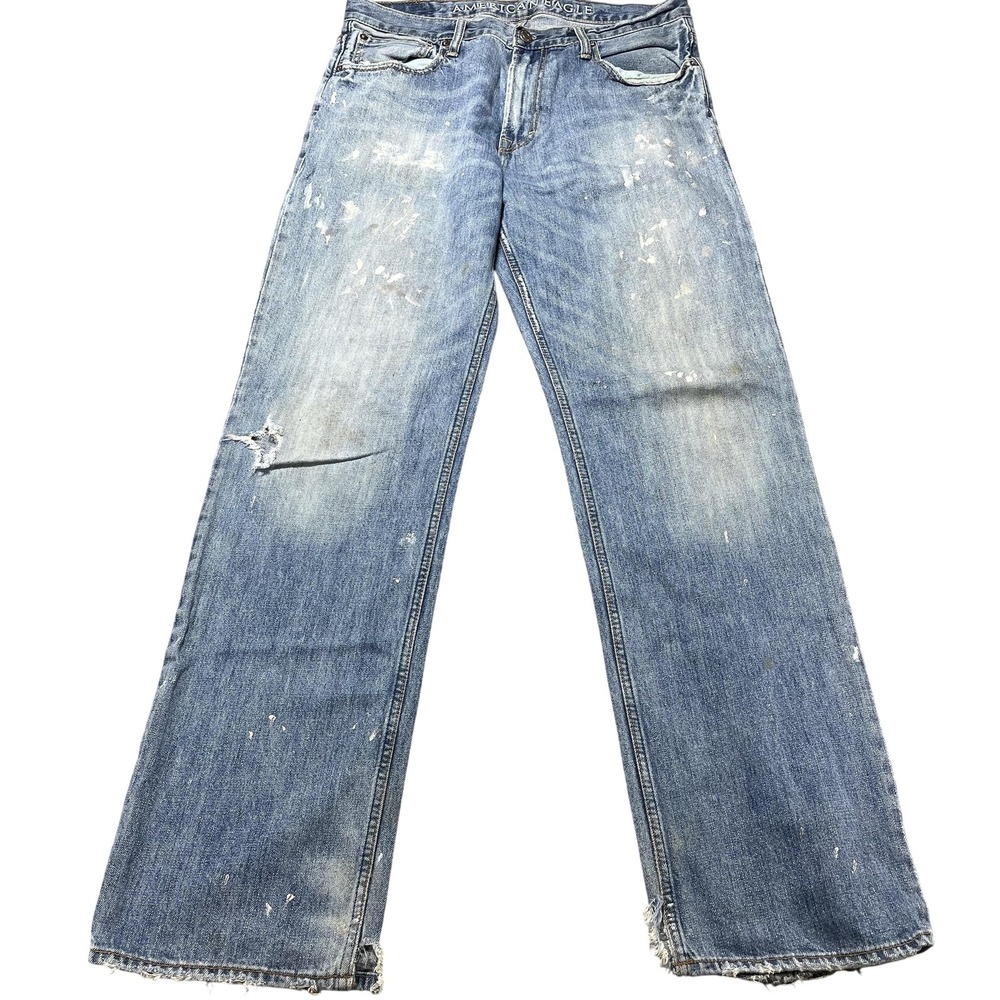 American Eagle Low Loose Jeans Mens 34x36 Blue Wash Paint Distressed Denim Y2K